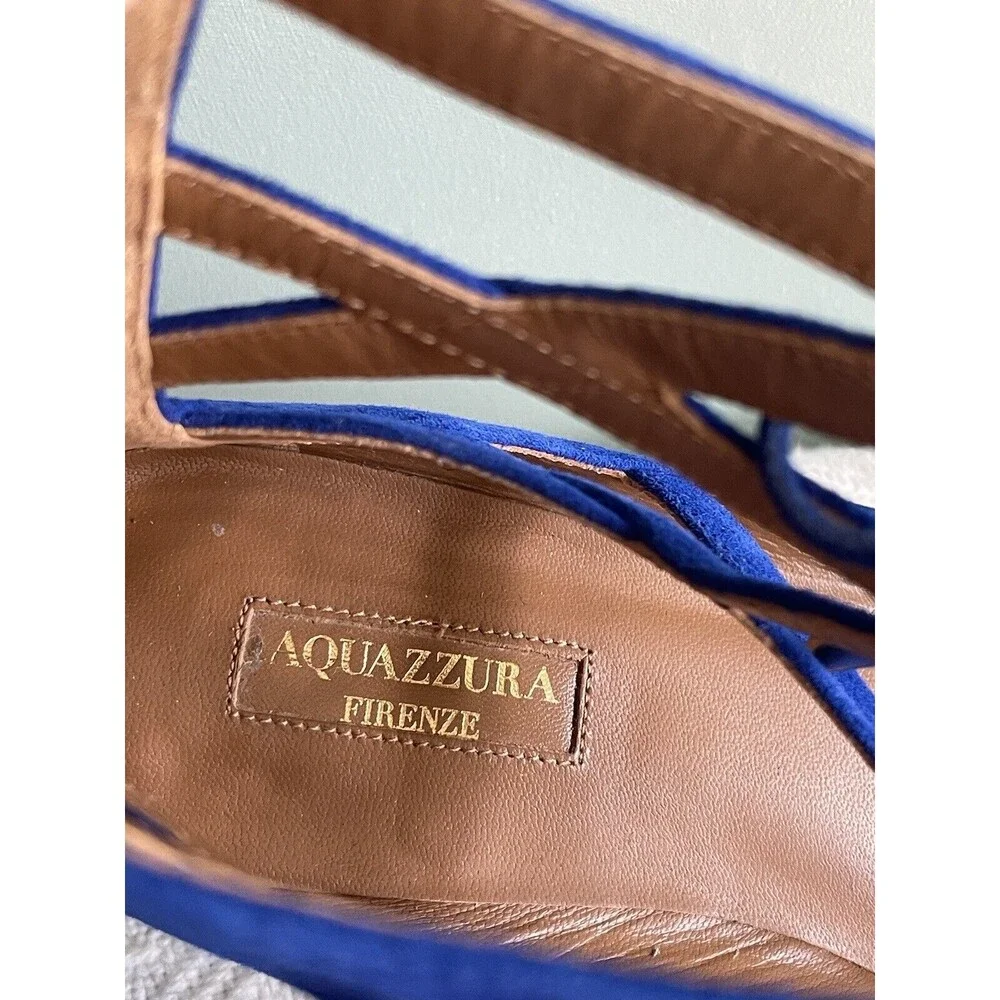Aquazzura Cobalt Blue Suede Belgravia Pointed Toe Lace-Up Flats, Size 37, EUC